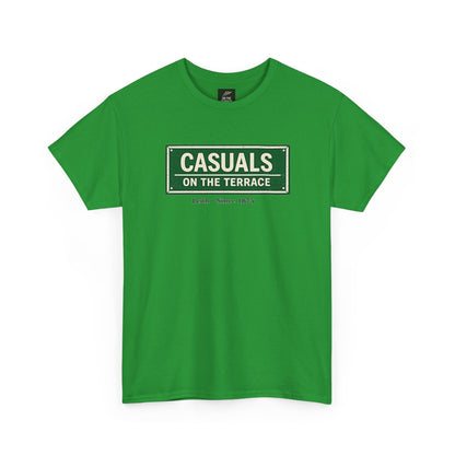 A  Hibernian green heavy cotton t-shirt flat lay featuring a central vintage green and white street sign graphic reading "CASUALS ON THE TERRACE" with "Leith • Since 1875" printed below, and an inner neck label for On The Terrace.