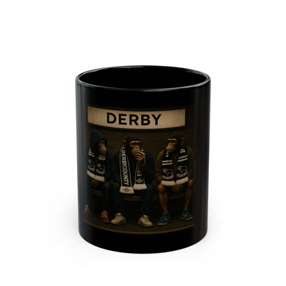 Black mug with 'DERBY' branding and images of people wearing branded clothing on a white background