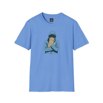 Light blue t-shirt with graphic of person in blue hood and checkered scarf covering face