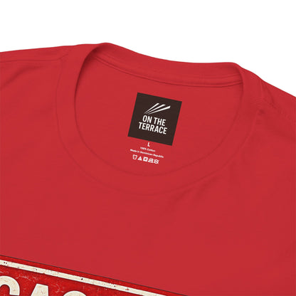 Close-up of a red short-sleeve Rotherham t-shirt showing the inner neck label which reads 'ON THE TERRACE' on a white background.