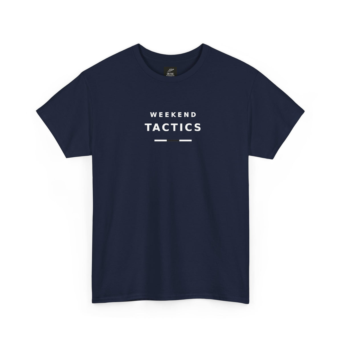 Navy Weekend Tactics T-shirt, front view with white WEEKEND TACTICS print and bar