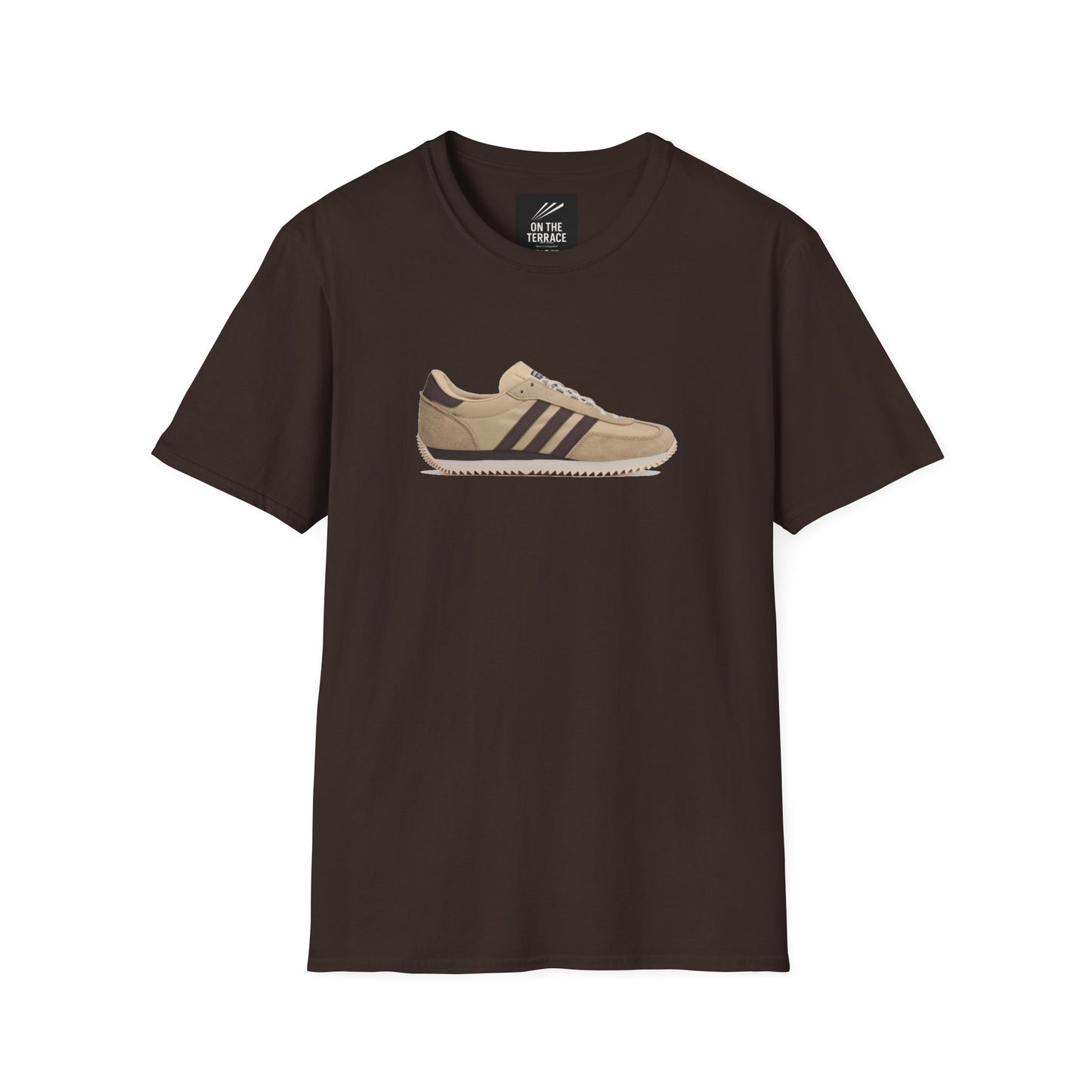 Dark brown T-shirt with a beige sneaker graphic featuring dark stripes on the front
