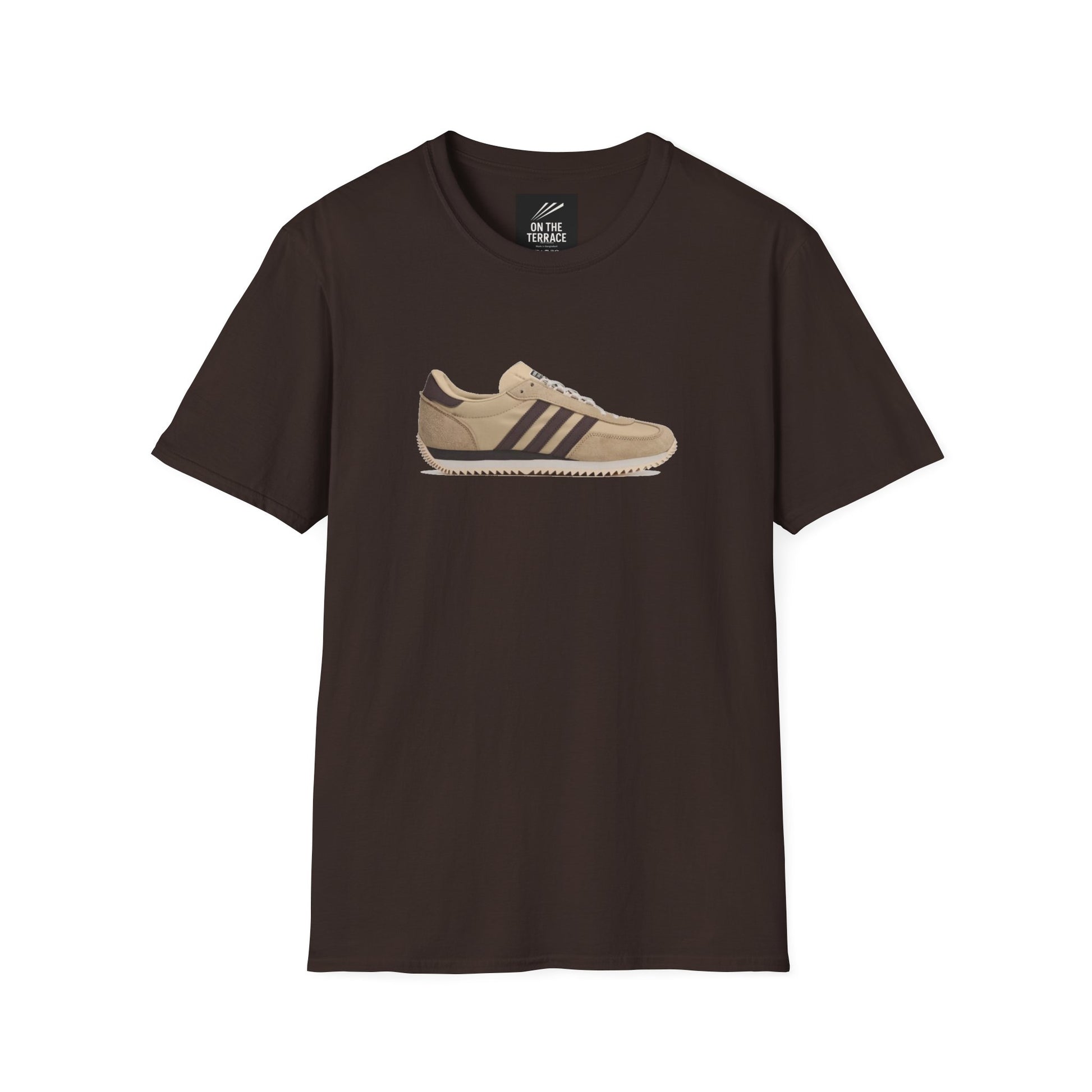 Dark brown T-shirt with a beige sneaker graphic featuring dark stripes on the front
