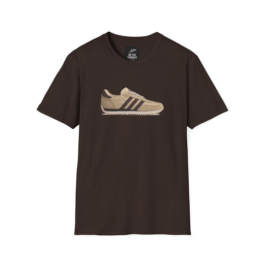 Dark brown T-shirt with a beige sneaker graphic featuring dark stripes on the front
