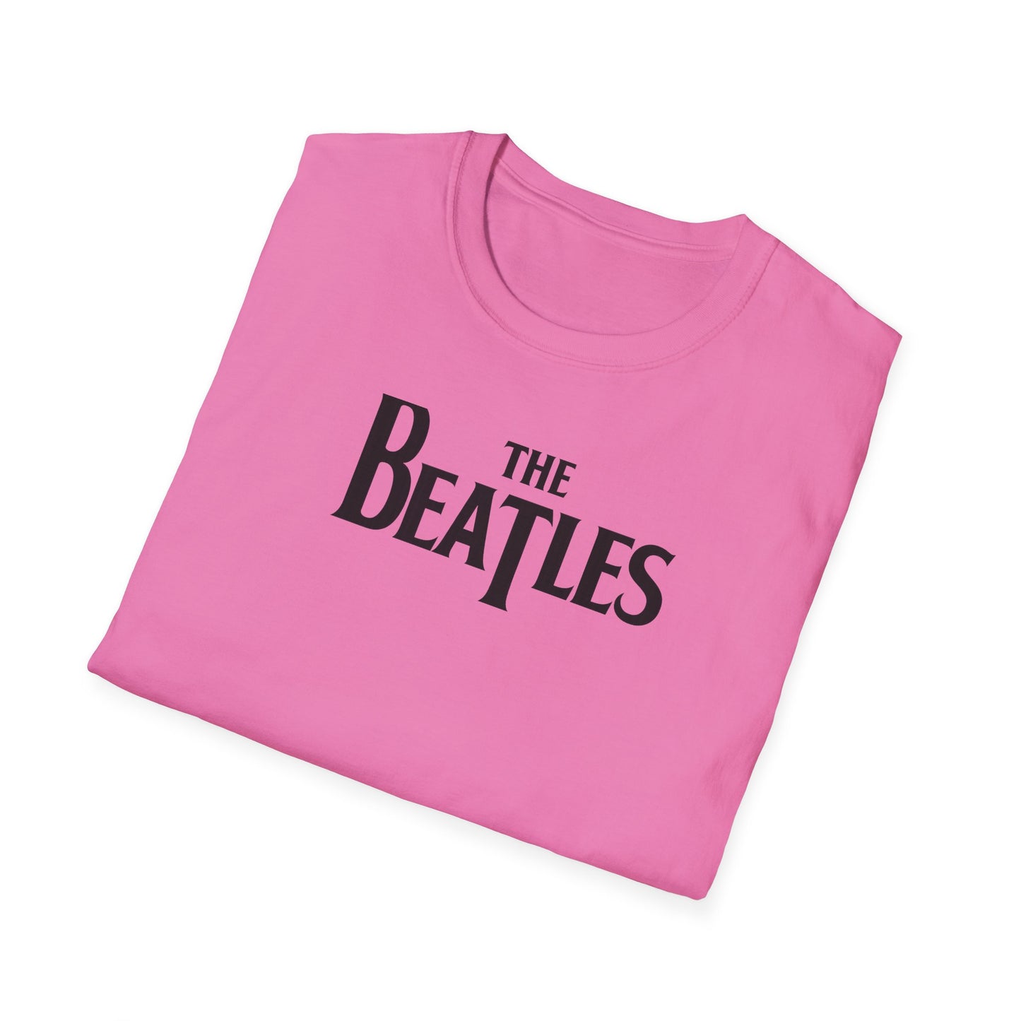 Close up of a t-shirt with 'The Beatles' logo on a white background