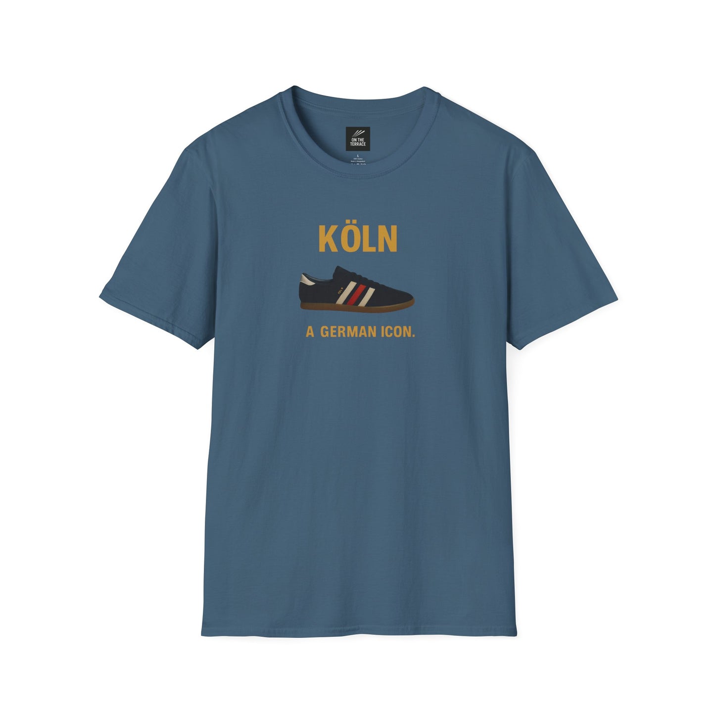 blue t-shirt with graphic of vintage adidas sneaker and text Köln a German icon