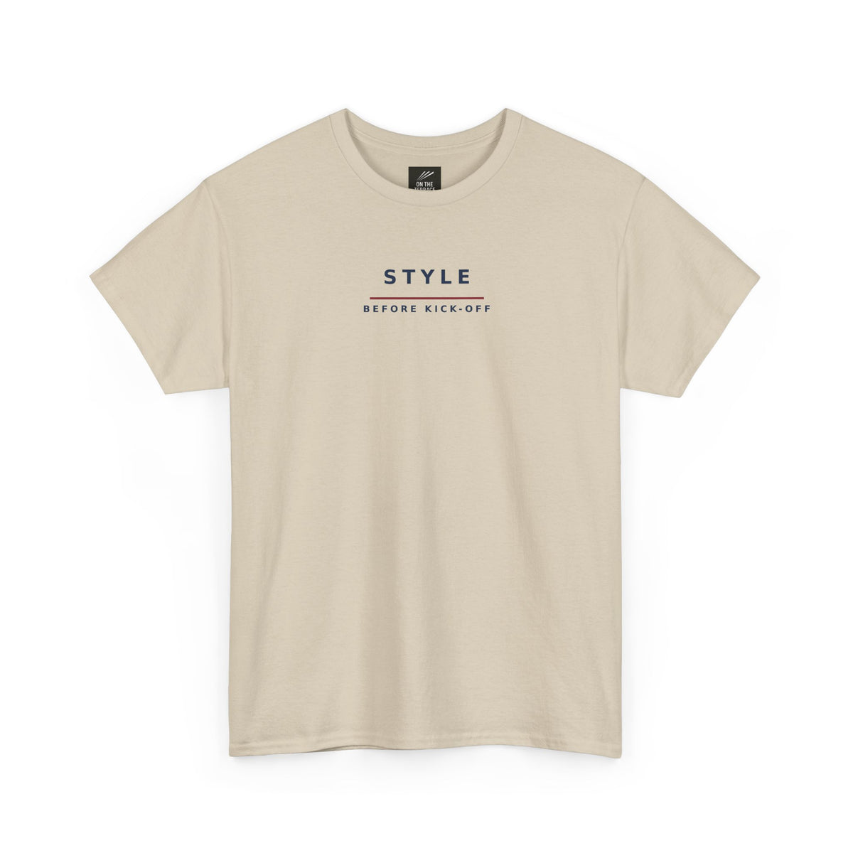 Sand Style Before Kick-Off football casuals T-shirt, front view with navy lettering and red bar