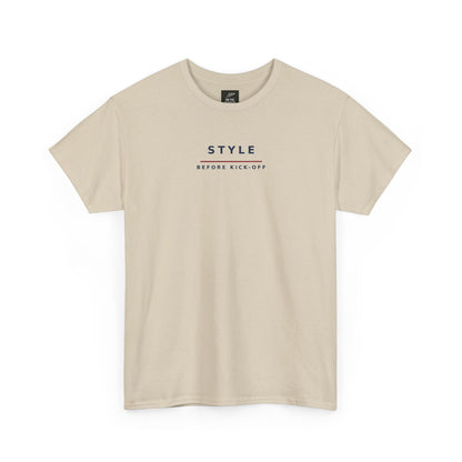 Sand Style Before Kick-Off football casuals T-shirt, front view with navy lettering and red bar