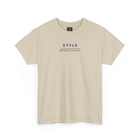 Sand Style Before Kick-Off football casuals T-shirt, front view with navy lettering and red bar