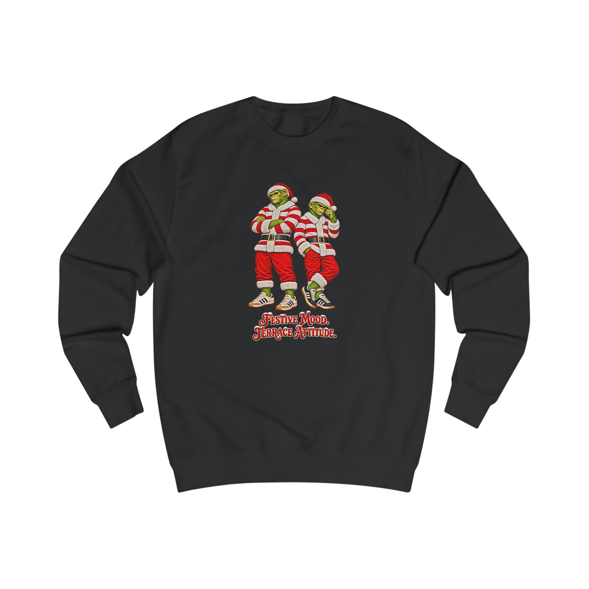Black Northern Monkeys Christmas jumper with two chimp casuals in red and white hooped Santa suits
