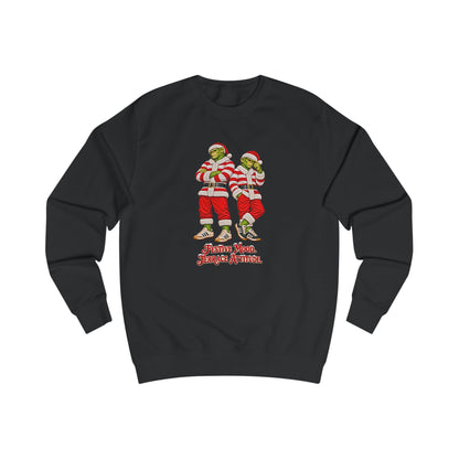 Black Northern Monkeys Christmas jumper with two chimp casuals in red and white hooped Santa suits