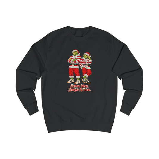 Black Northern Monkeys Christmas jumper with two chimp casuals in red and white hooped Santa suits