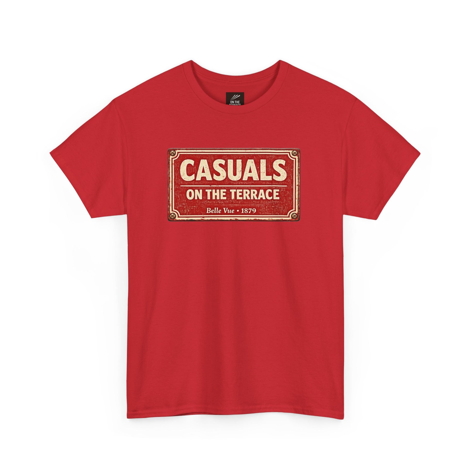 A red DRFC t-shirt flat lay featuring a central vintage red and white street sign graphic reading "CASUALS ON THE TERRACE" with "Belle Vue • 1879" printed below, and an inner neck label for On The Terrace.