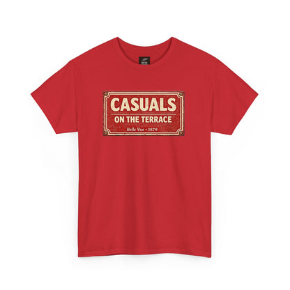 A red DRFC t-shirt flat lay featuring a central vintage red and white street sign graphic reading "CASUALS ON THE TERRACE" with "Belle Vue • 1879" printed below, and an inner neck label for On The Terrace.
