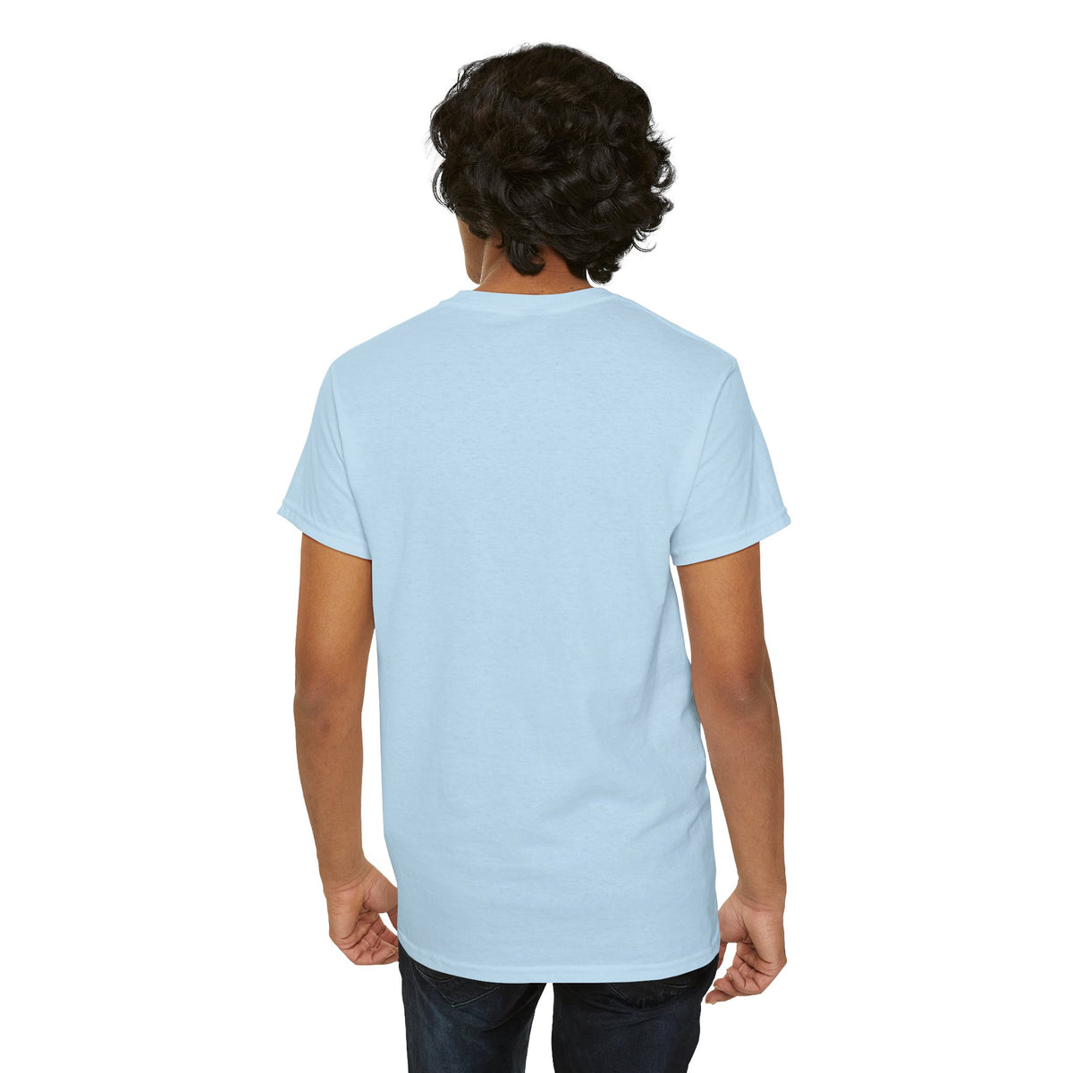Back view of a man in the plain-backed sky blue Coventry Loyalty tee