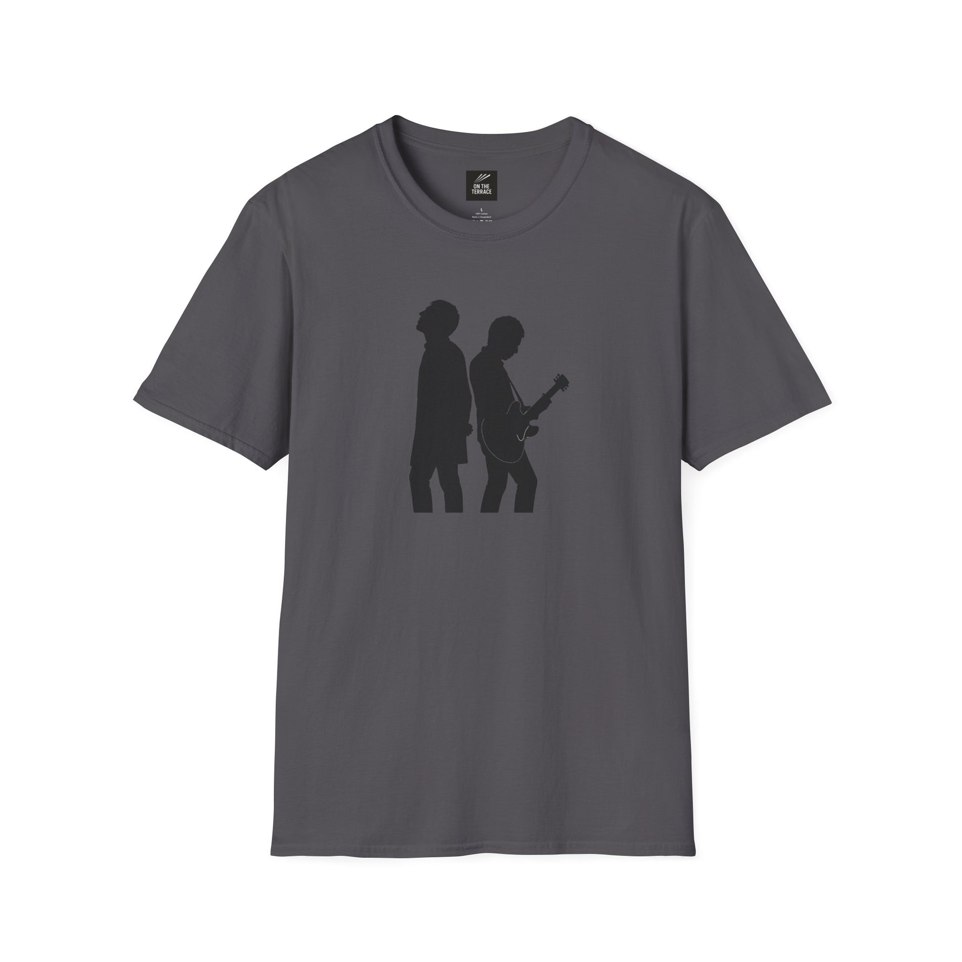 Dark gray t-shirt with black silhouette of two musicians, one playing guitar, on front