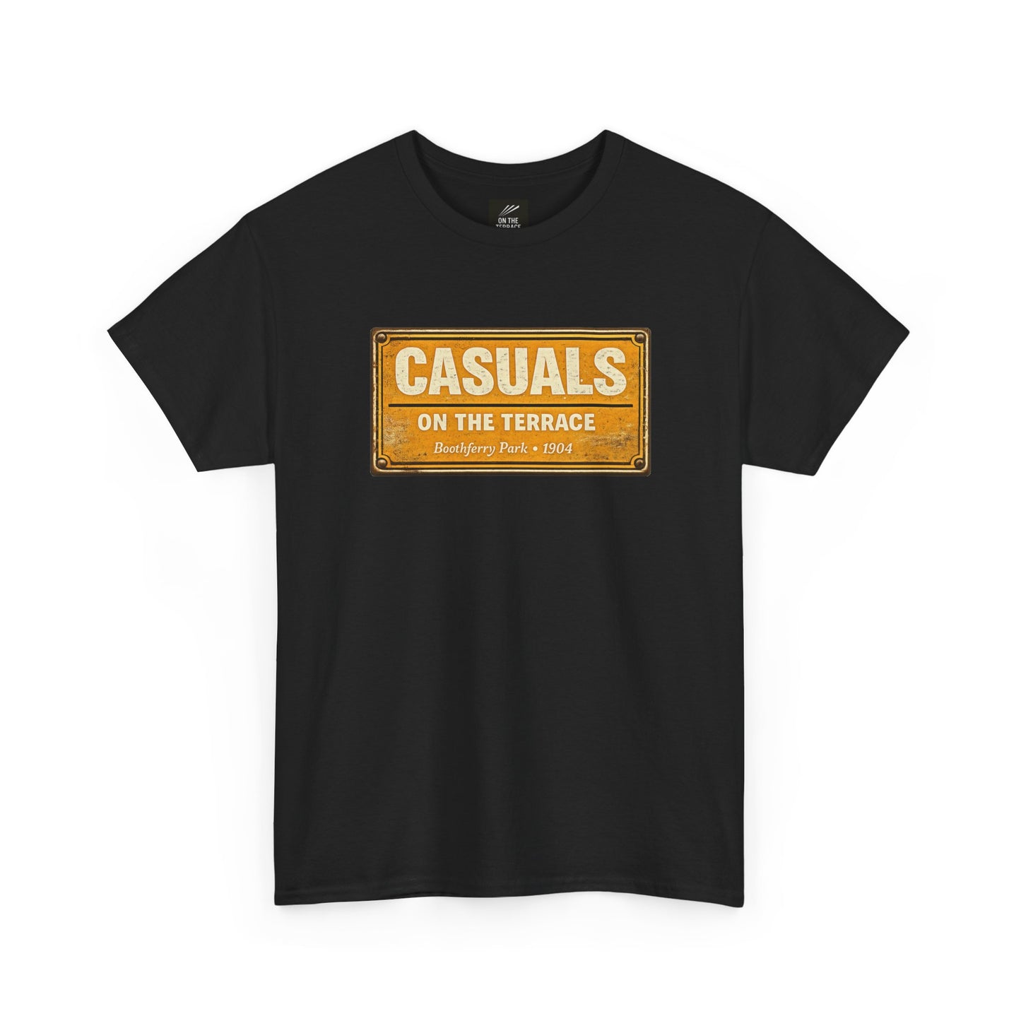 A black short-sleeve HULL CITY t-shirt with a vintage-style orange and yellow rectangular graphic on the chest that reads 'CASUALS ON THE TERRACE'
