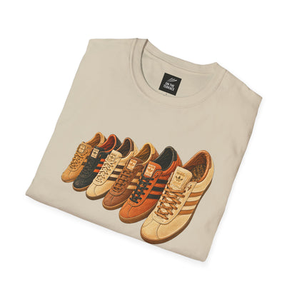 Beige multi retro sneaker graphic t-shirt with colorful vintage trainer collection print