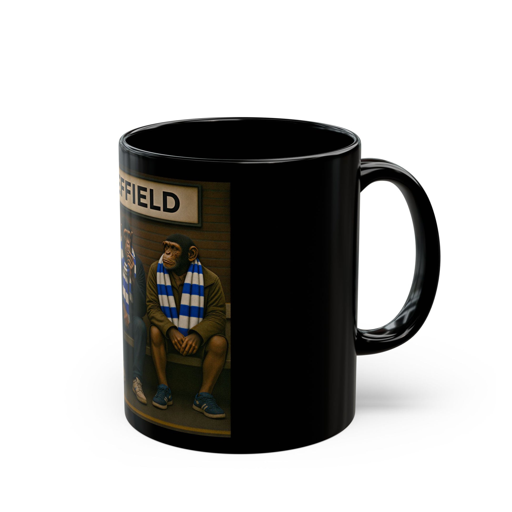 Ceramic mug with three chimpanzees wearing scarves and 'Sheffield' sign with  SWFC scarfs