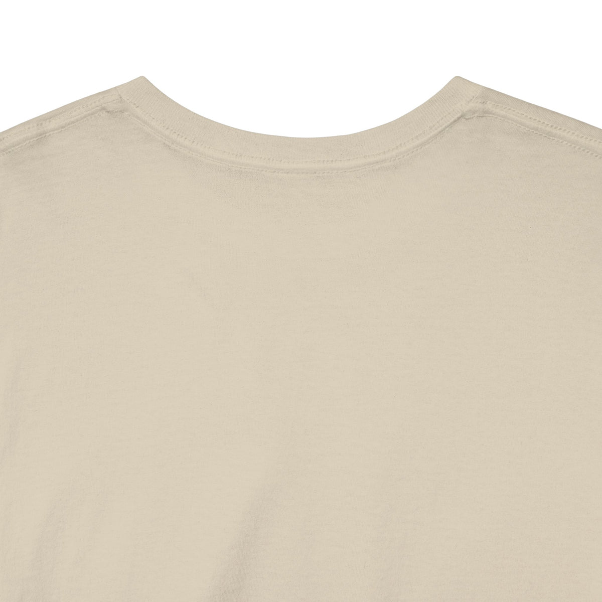 Close-up of the collar on sand heavy cotton T-shirt