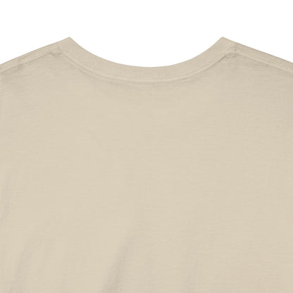 Close-up of the collar on sand heavy cotton T-shirt