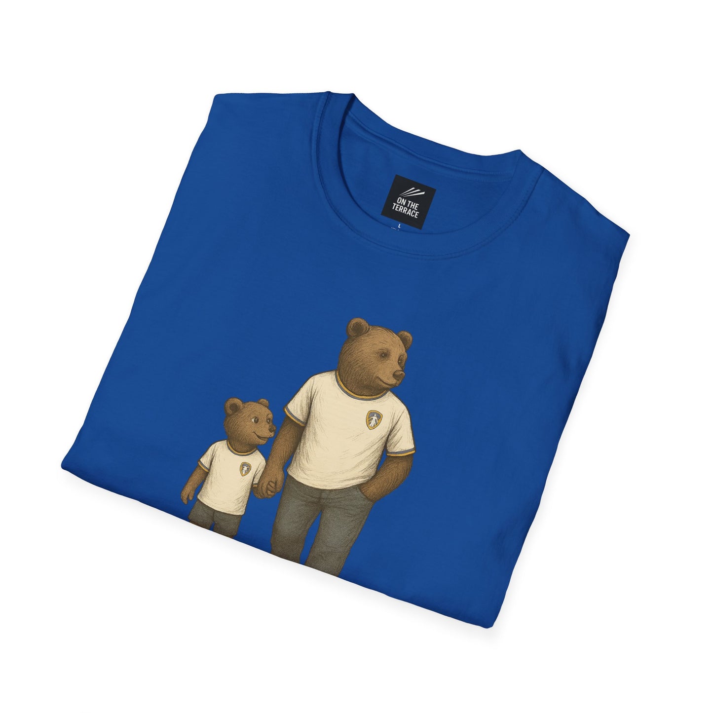 Blue t-shirt with illustration of two bears wearing white t-shirts holding hands, casual clothing design
