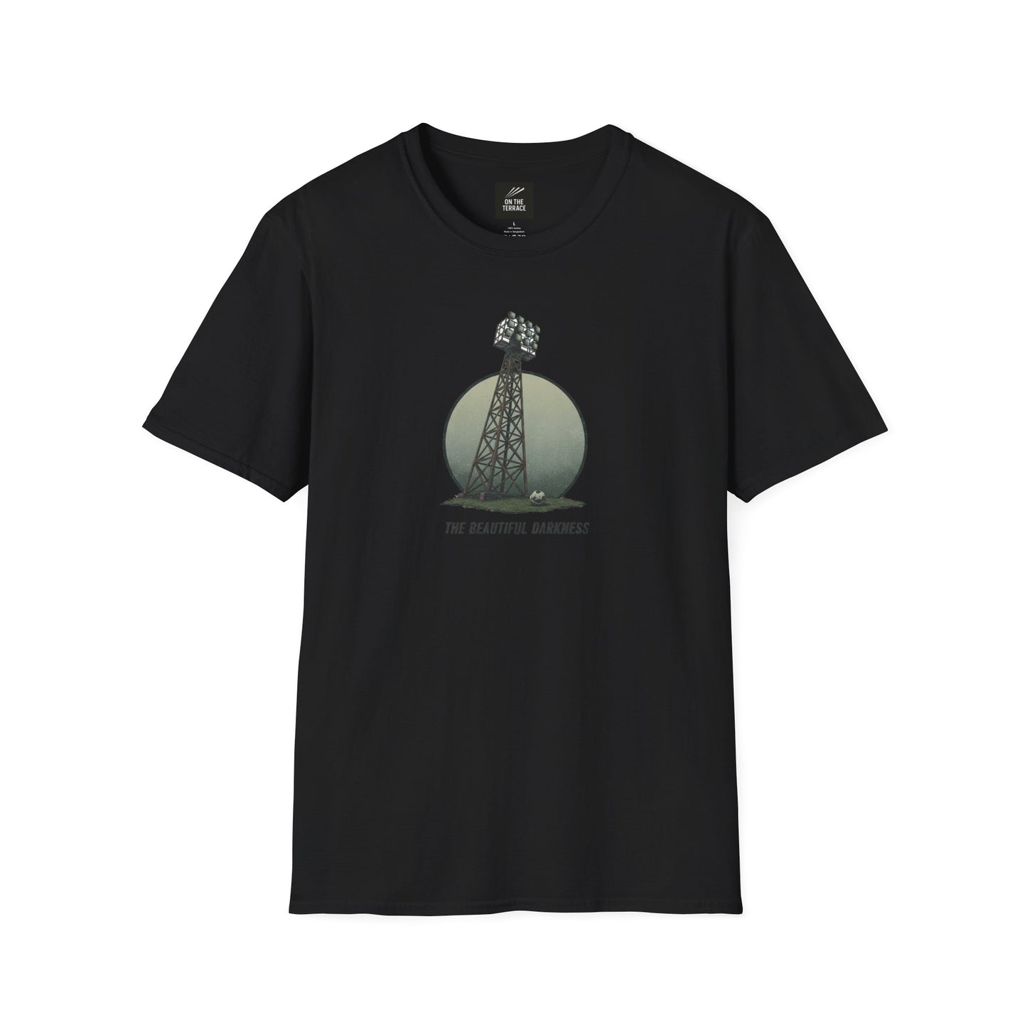 Black t-shirt with a stadium floodlight tower, soccer ball, and text The Beautiful Darkness graphic