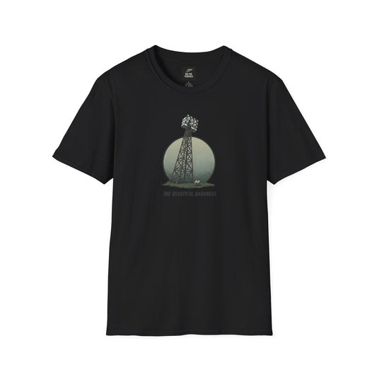 Black t-shirt with a stadium floodlight tower, soccer ball, and text The Beautiful Darkness graphic