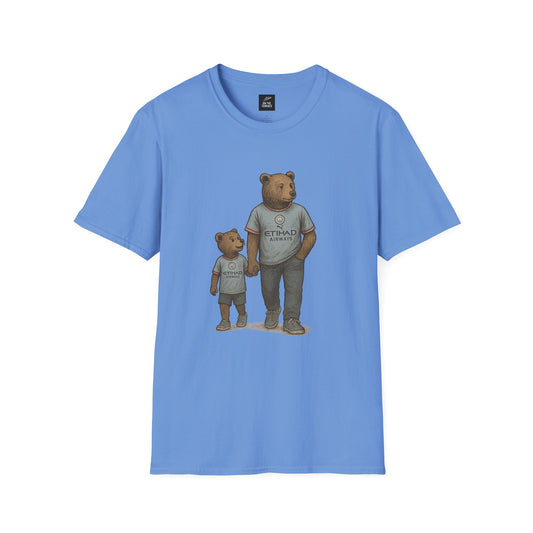 Blue t-shirt with illustration of two bears wearing Manchester City Etihad Airways shirts holding hands