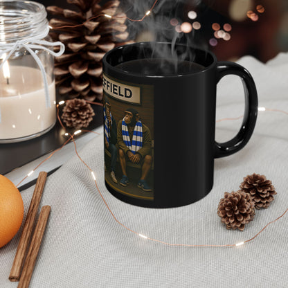 Ceramic mug with three chimpanzees wearing scarves and 'Sheffield' sign with  SWFC scarfs