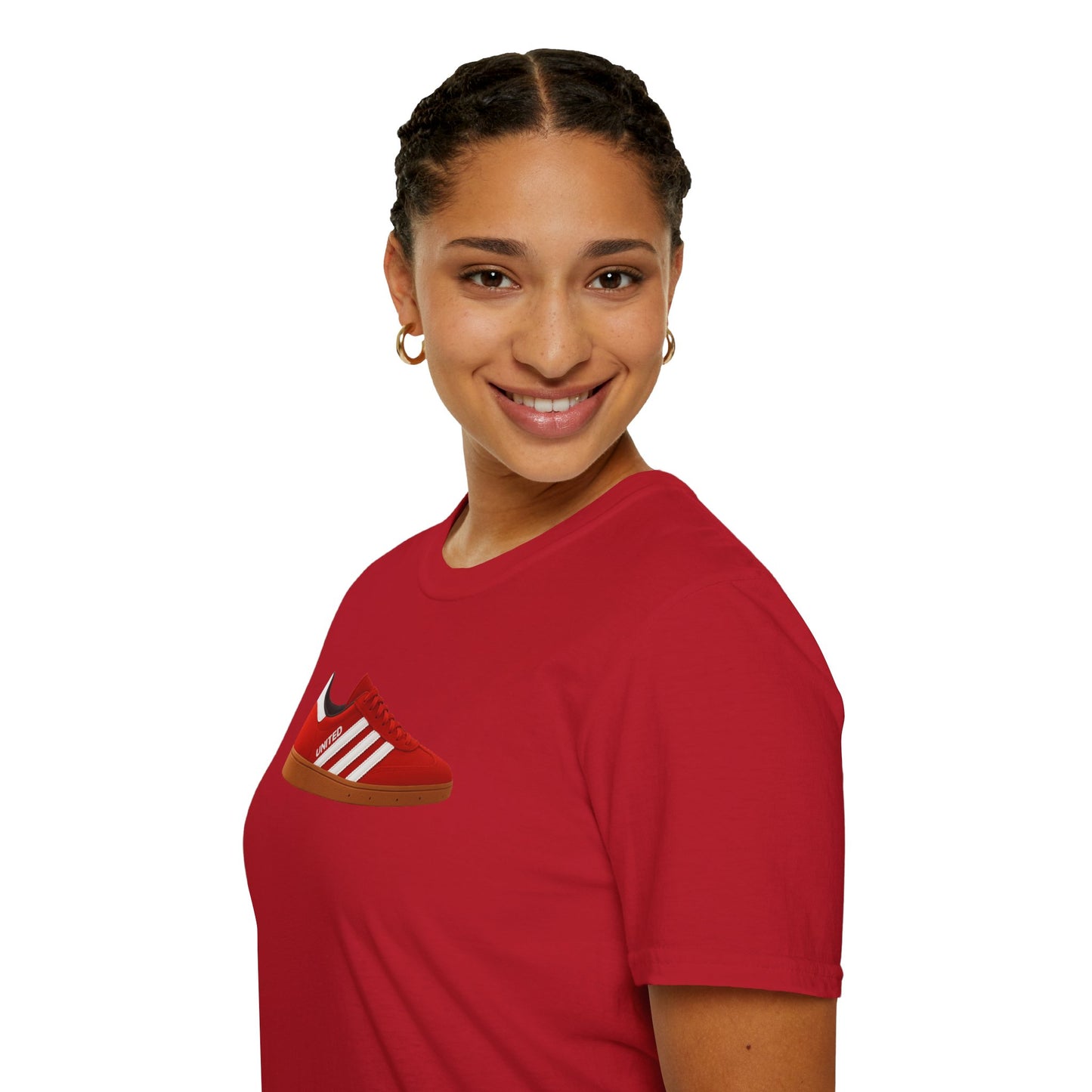 Smiling woman wearing red t-shirt with red sneaker graphic and gold hoop earrings on white background