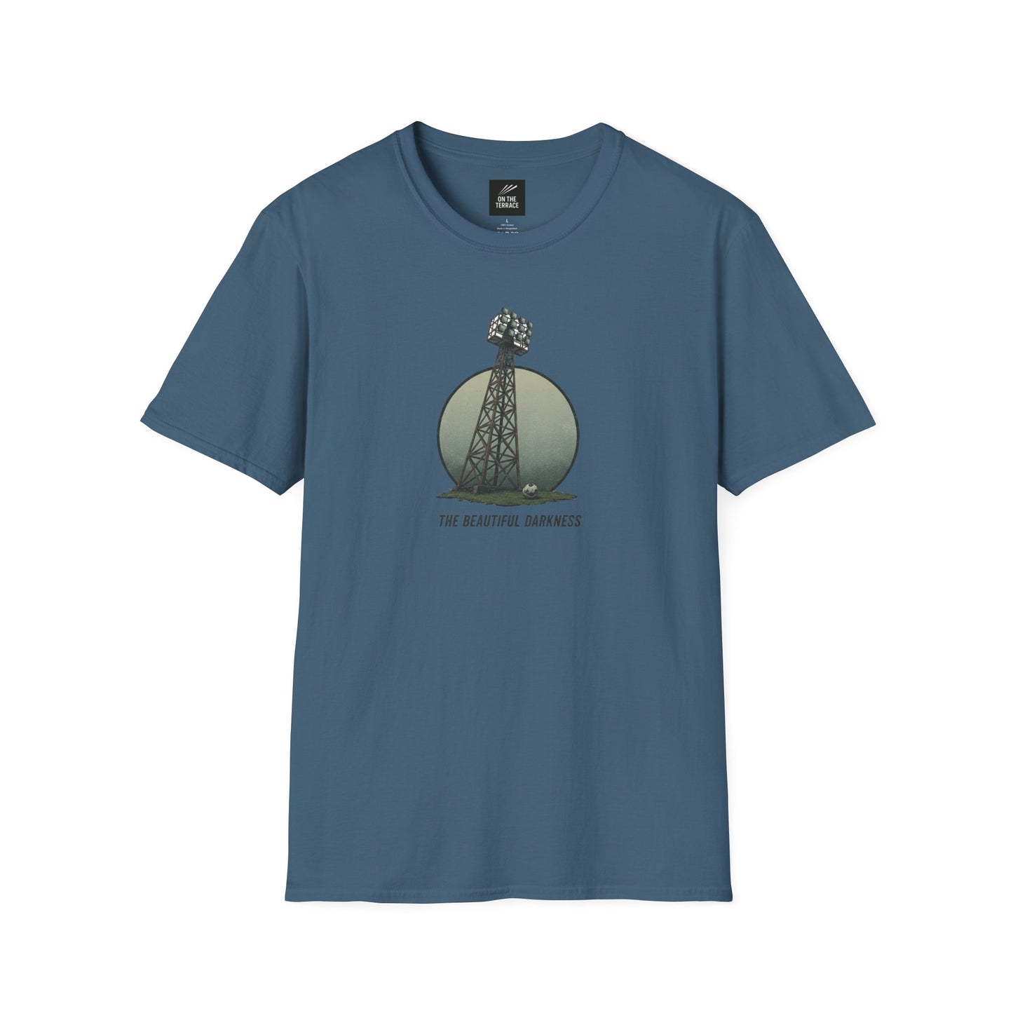 blue t-shirt with stadium floodlight tower and soccer ball print saying The Beautiful Darkness