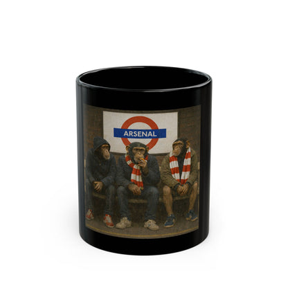 Arsenal casuals black mug, three chimps in red and white scarves on a tube bench, On The Terrace