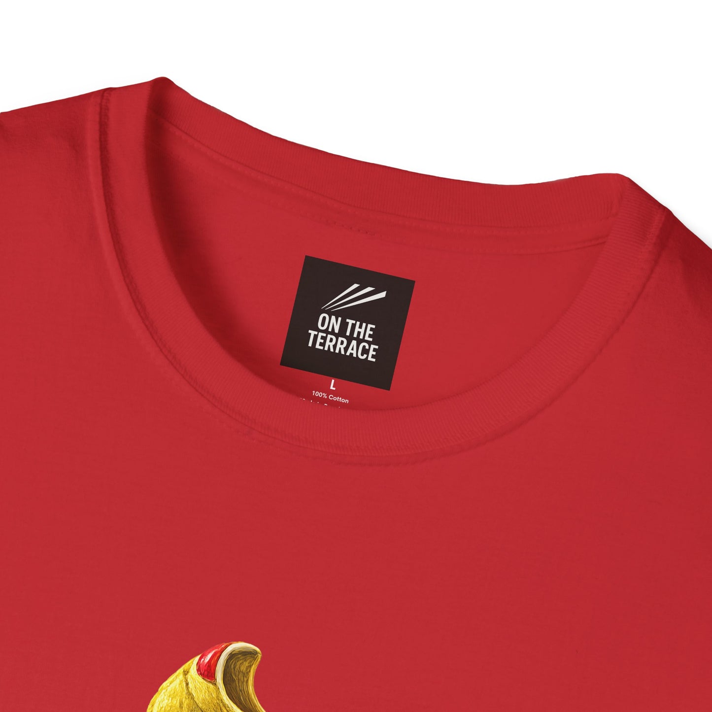 Close-up of a red crewneck t-shirt showing the inner neck label which reads 'ON THE TERRACE' on a white background.