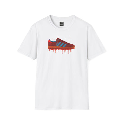 White t-shirt with red and blue sneaker graphic and dripping paint design, casual football style