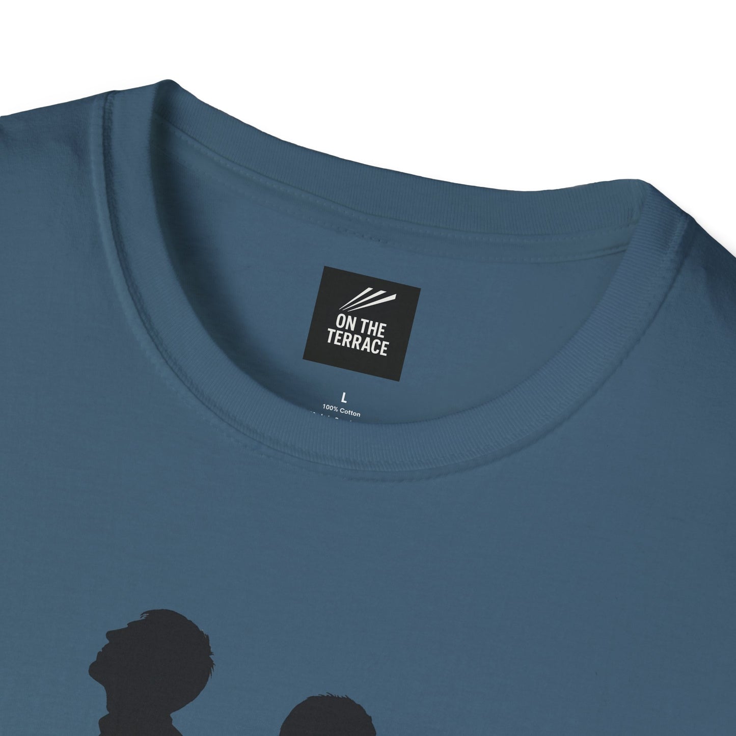 Blue cotton T-shirt with On The Terrace brand label and black silhouette graphic design