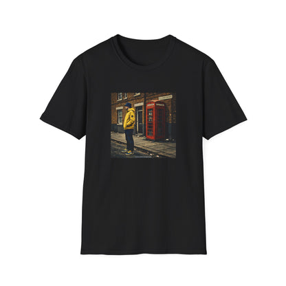 Leeds United Black t-shirt with a graphic of a person in a yellow jacket standing in front of a red telephone box on a white background