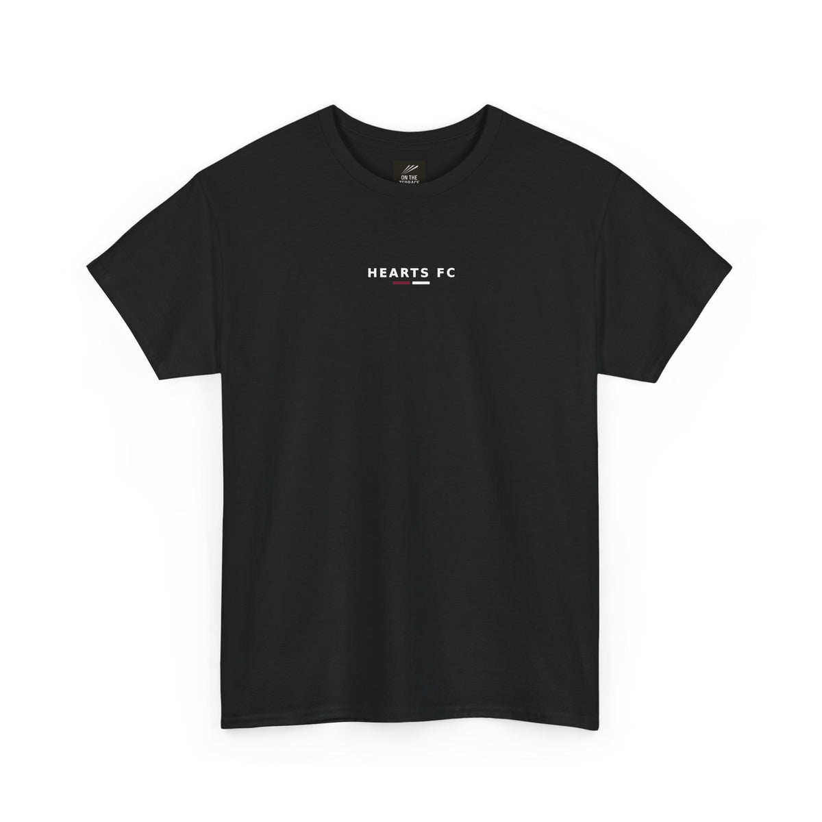 Black Hearts FC minimalist T-shirt, front view with small white chest lettering