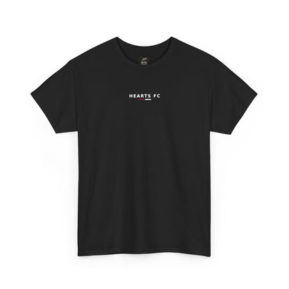 Black Hearts FC minimalist T-shirt, front view with small white chest lettering