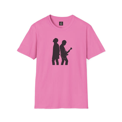 Pink T-shirt with black silhouette of two musicians, one playing guitar, the other facing backward