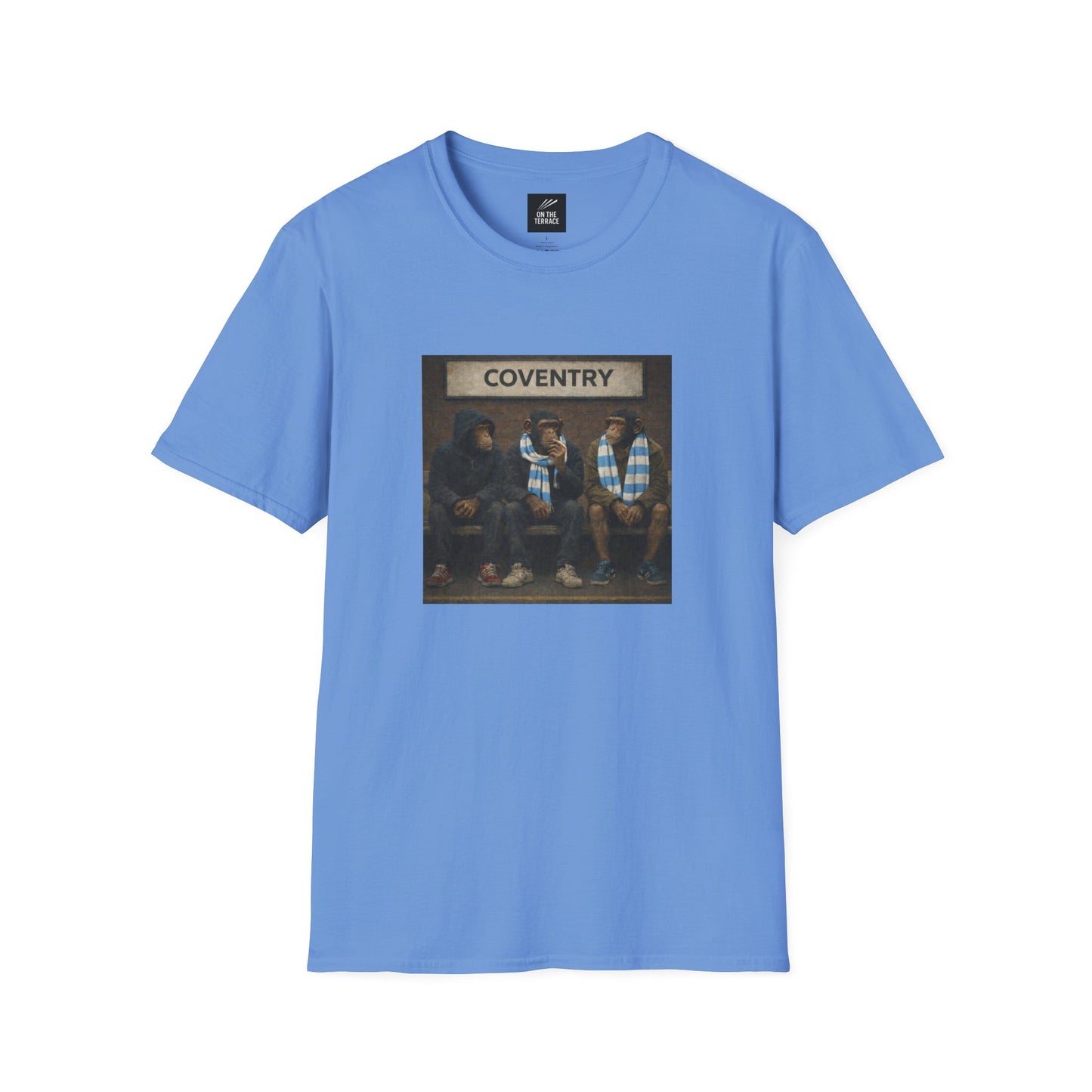 Coventry City Fan T-Shirt Blue t-shirt with a graphic of four people and 'Coventry' text on a white background