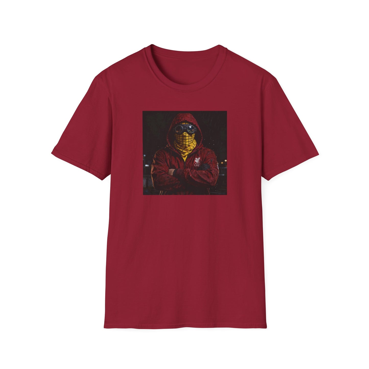 Red Liverpool t-shirt featuring a football casual graphic of a hooded figure with goggles and yellow scarf, Liverpool FC logo
