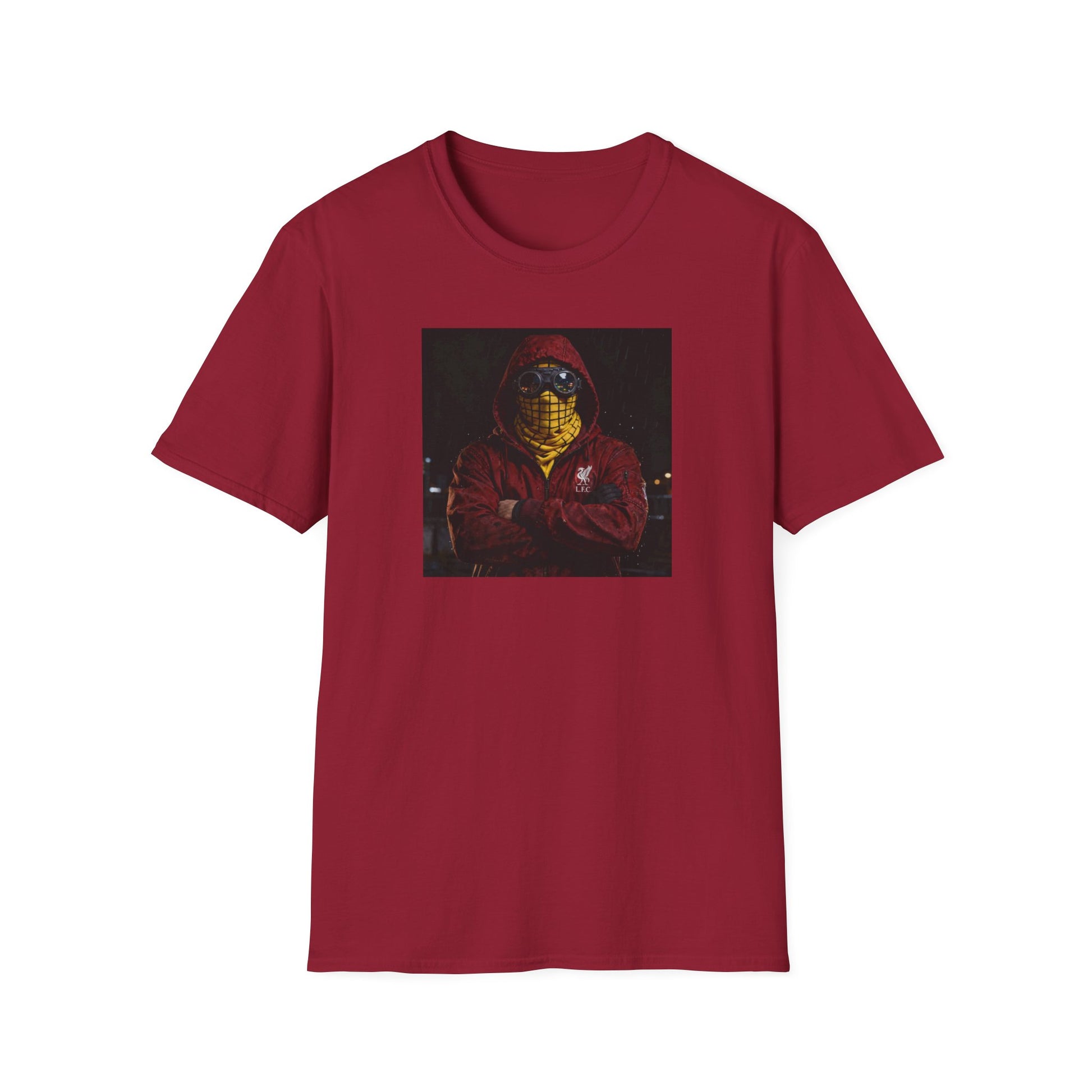 Red Liverpool t-shirt featuring a football casual graphic of a hooded figure with goggles and yellow scarf, Liverpool FC logo