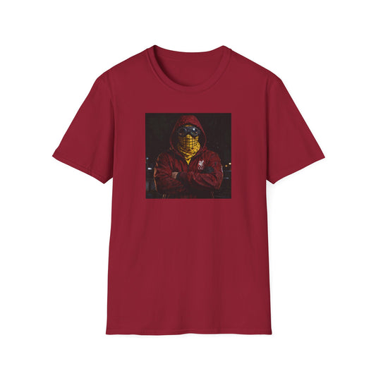 Red Liverpool t-shirt featuring a football casual graphic of a hooded figure with goggles and yellow scarf, Liverpool FC logo
