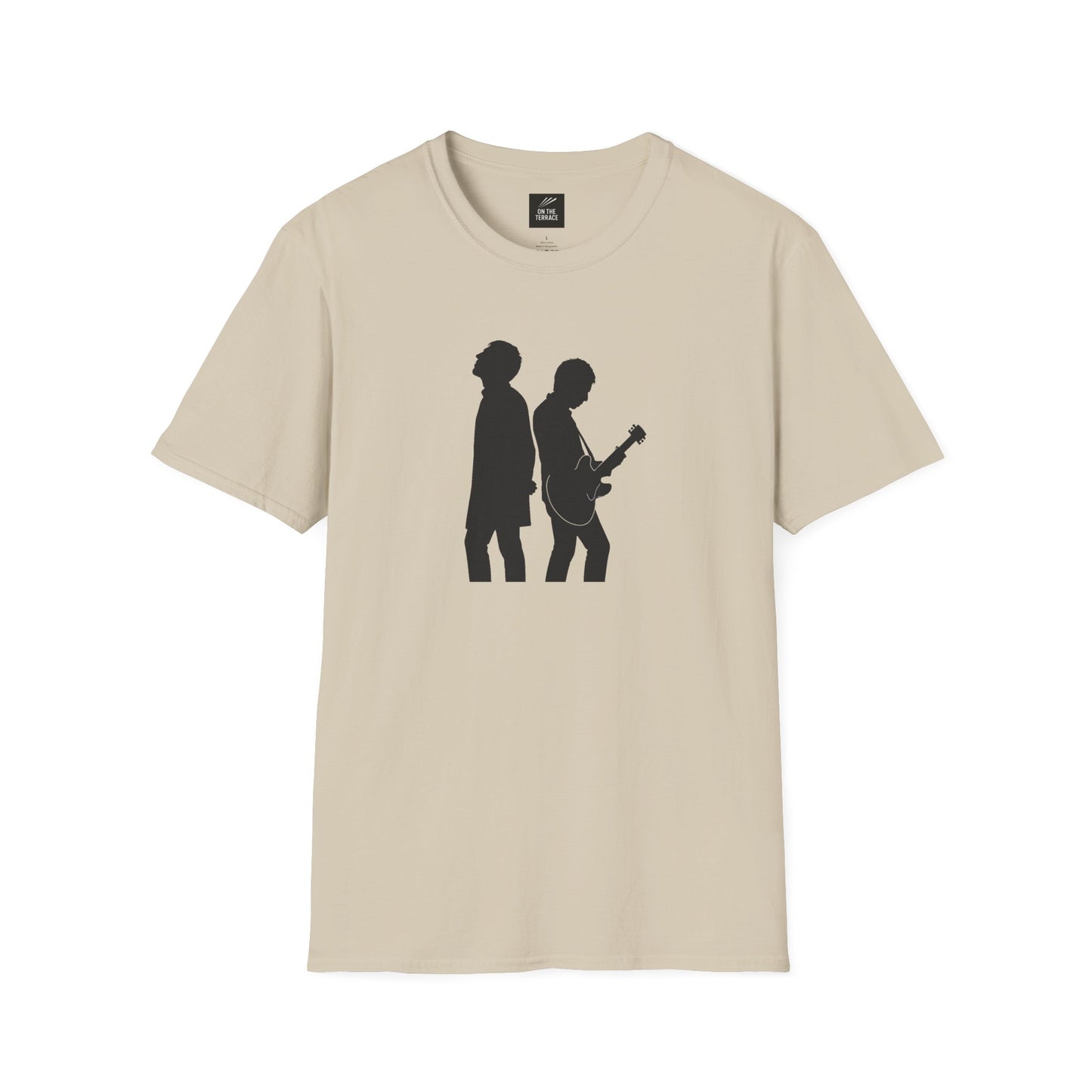 Beige t-shirt with black silhouettes of two musicians, one playing guitar, music band design