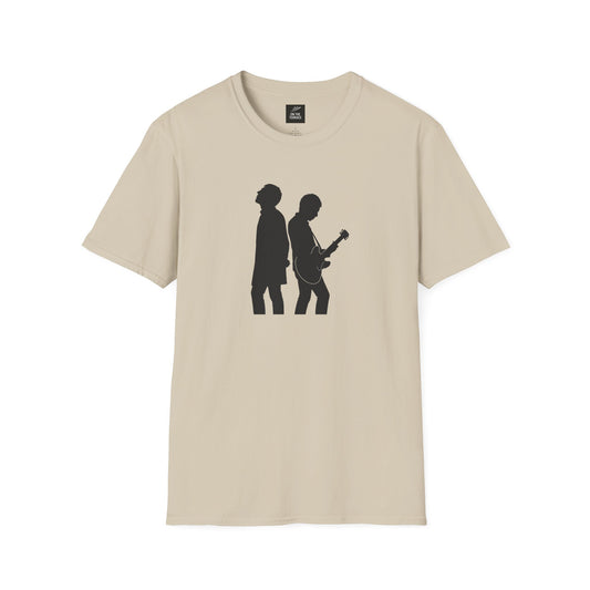 Beige t-shirt with black silhouettes of two musicians, one playing guitar, music band design