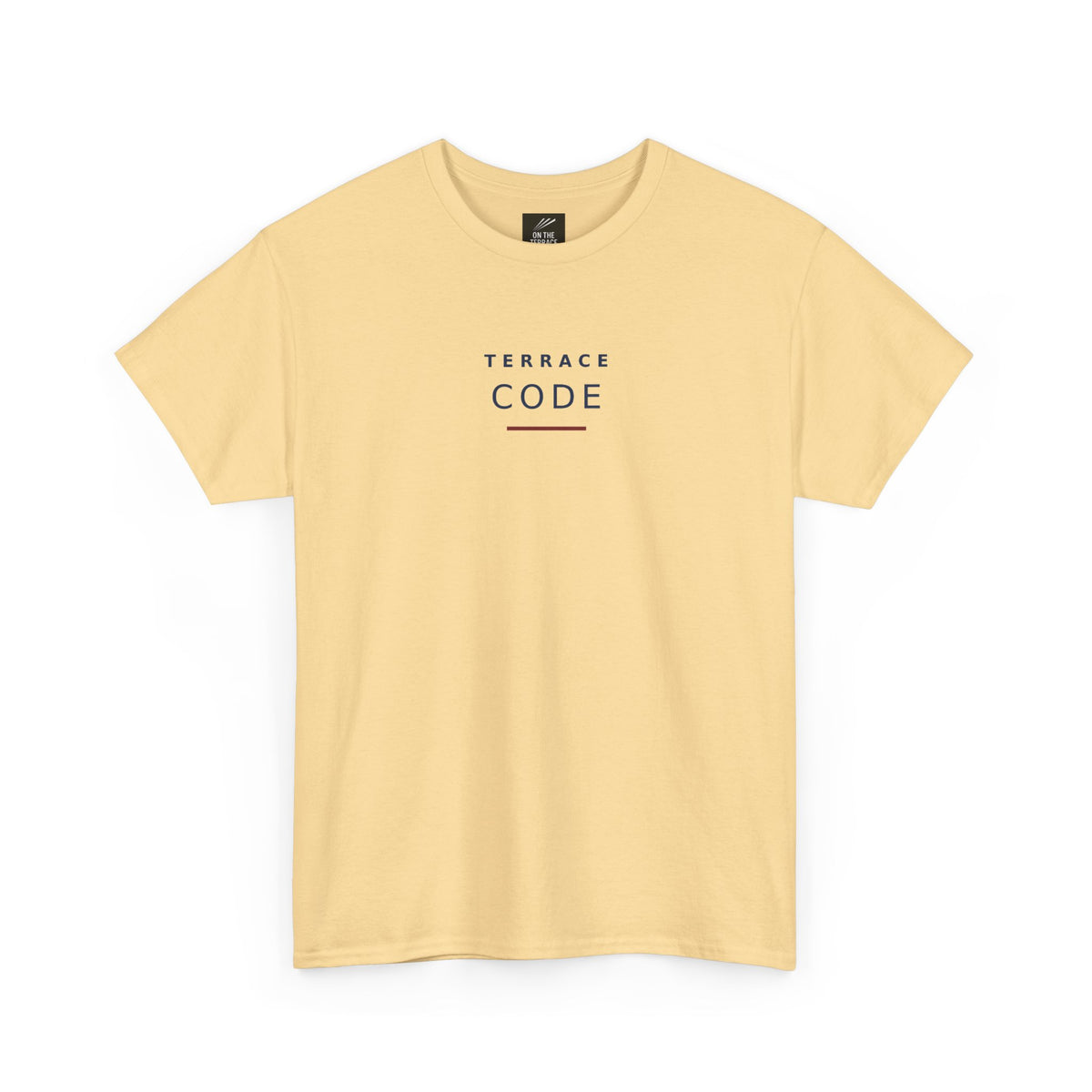 Pale yellow Terrace Code T-shirt, front view with navy TERRACE CODE print and claret bar