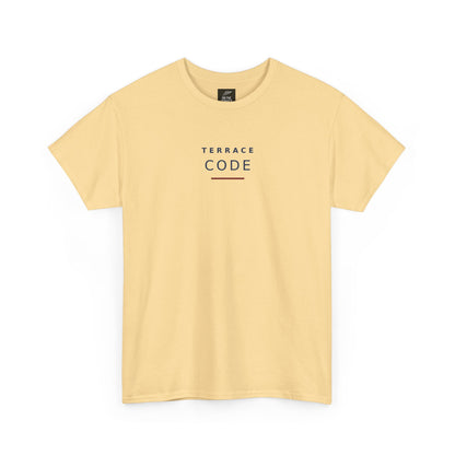 Pale yellow Terrace Code T-shirt, front view with navy TERRACE CODE print and claret bar
