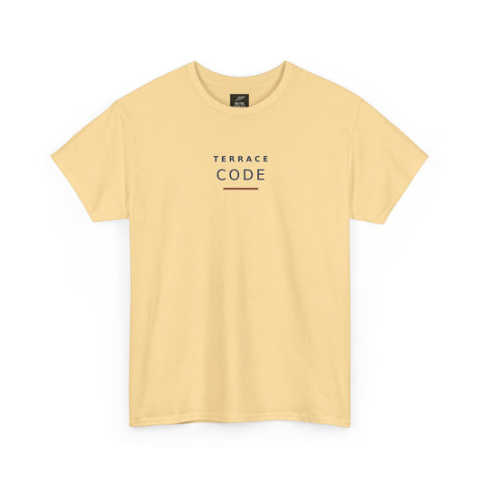 Pale yellow Terrace Code T-shirt, front view with navy TERRACE CODE print and claret bar