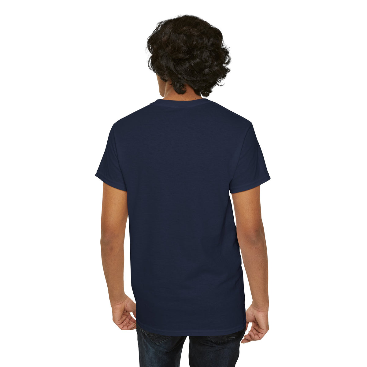 Back view of navy Wednesday Every Saturday T-shirt being worn